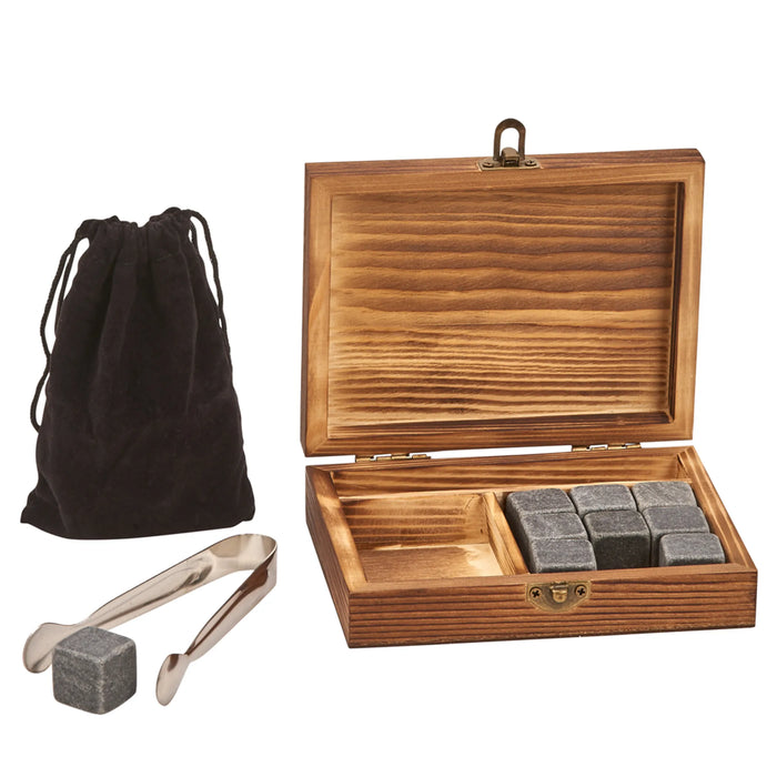 Wood Box with Tongs, 9 Whiskey Stones & Pouch