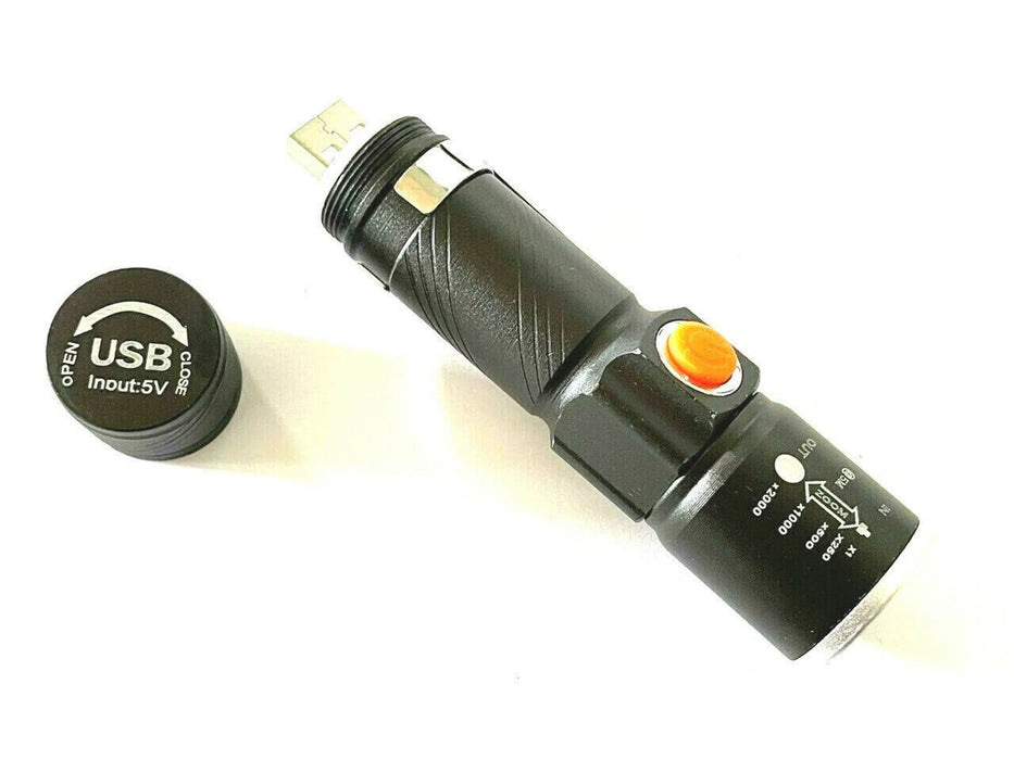 Super Ultra Bright Led USB Rechargeable Flashlight T6061 Zoom W/clip