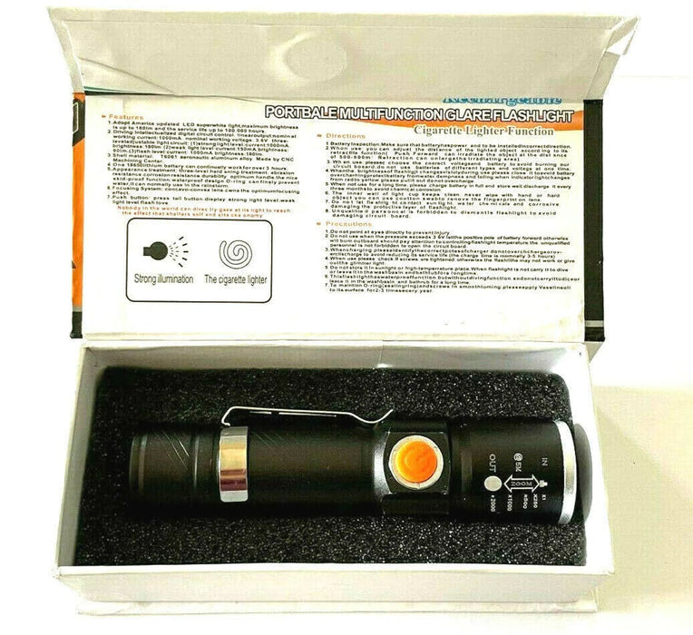 Super Ultra Bright Led USB Rechargeable Flashlight T6061 Zoom W/clip