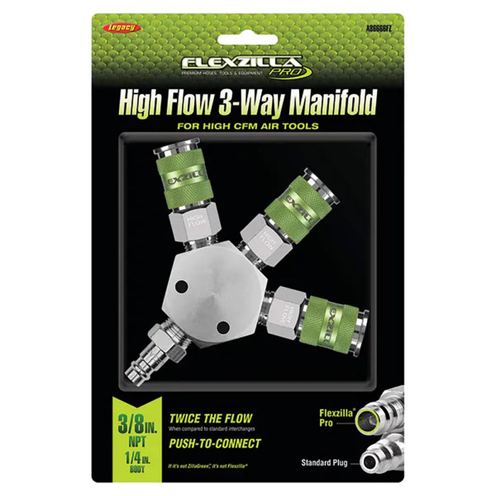 Flexzilla® Pro High Flow 3-way Manifold 3/8" Npt Includes High Flow Couplers And Plug Zillagreen™