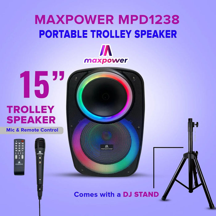 Max Power 15" Bluetooth Speaker With Flashing Lights Mic Remote & Dj Stand