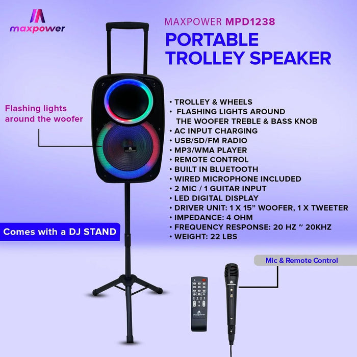 Max Power 15" Bluetooth Speaker With Flashing Lights Mic Remote & Dj Stand