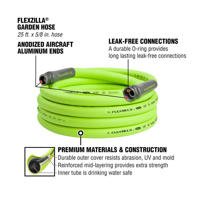 Flexzilla® Garden Hose 5/8" X 25' 3/4" - 11 1/2 Ght Fittings Zillagreen®