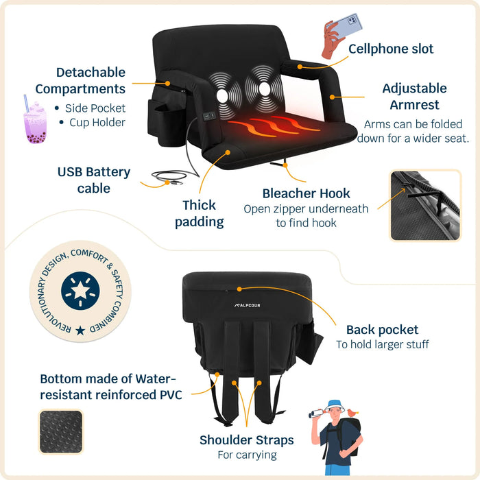 Alpcour Reclining Heated+Massage Stadium Seat with Armrests