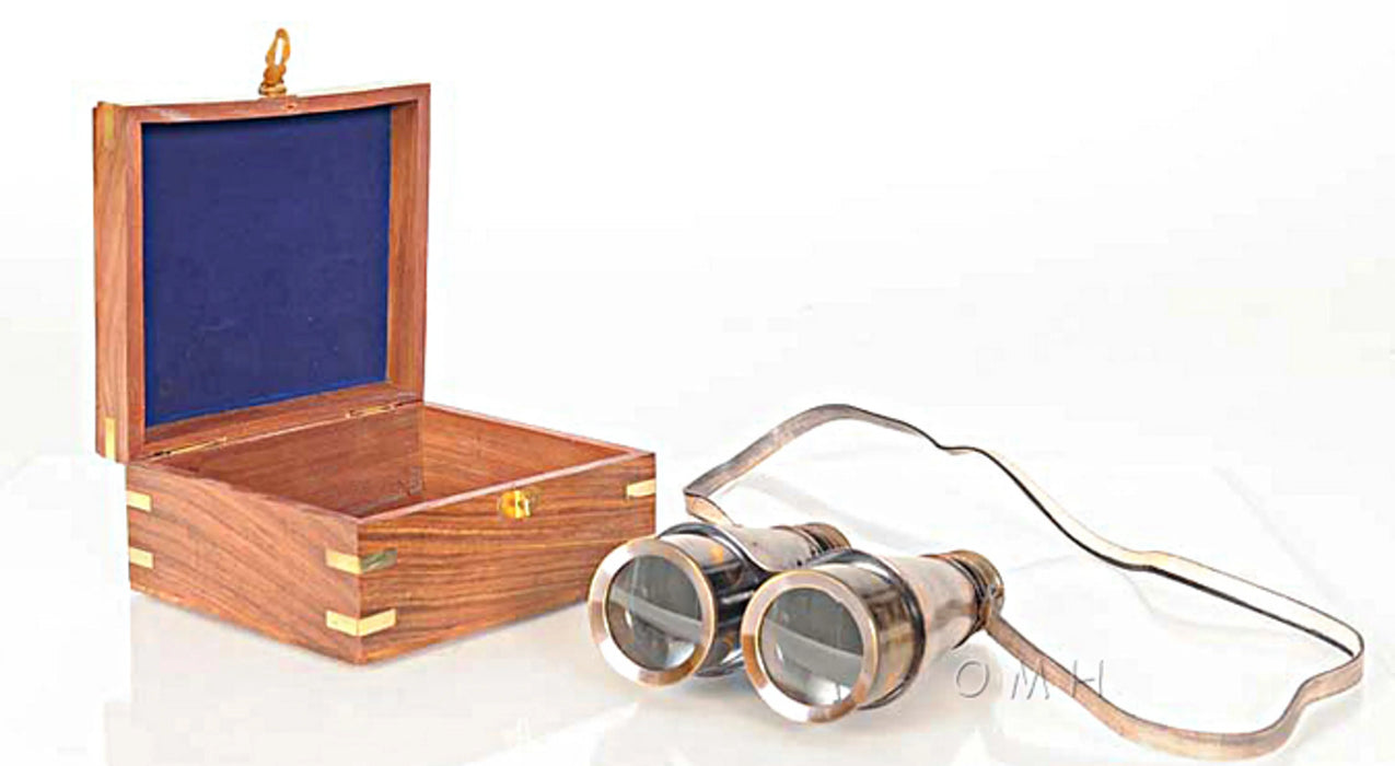 Binoculars with Leather Overlay in Wooden Box